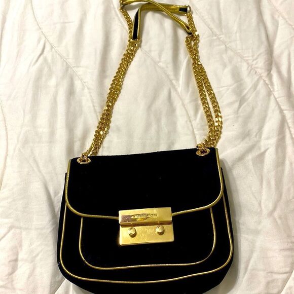 Michael Kors Suede Black + Gold Convertible Shoulder Bag - Picture 1 of 6